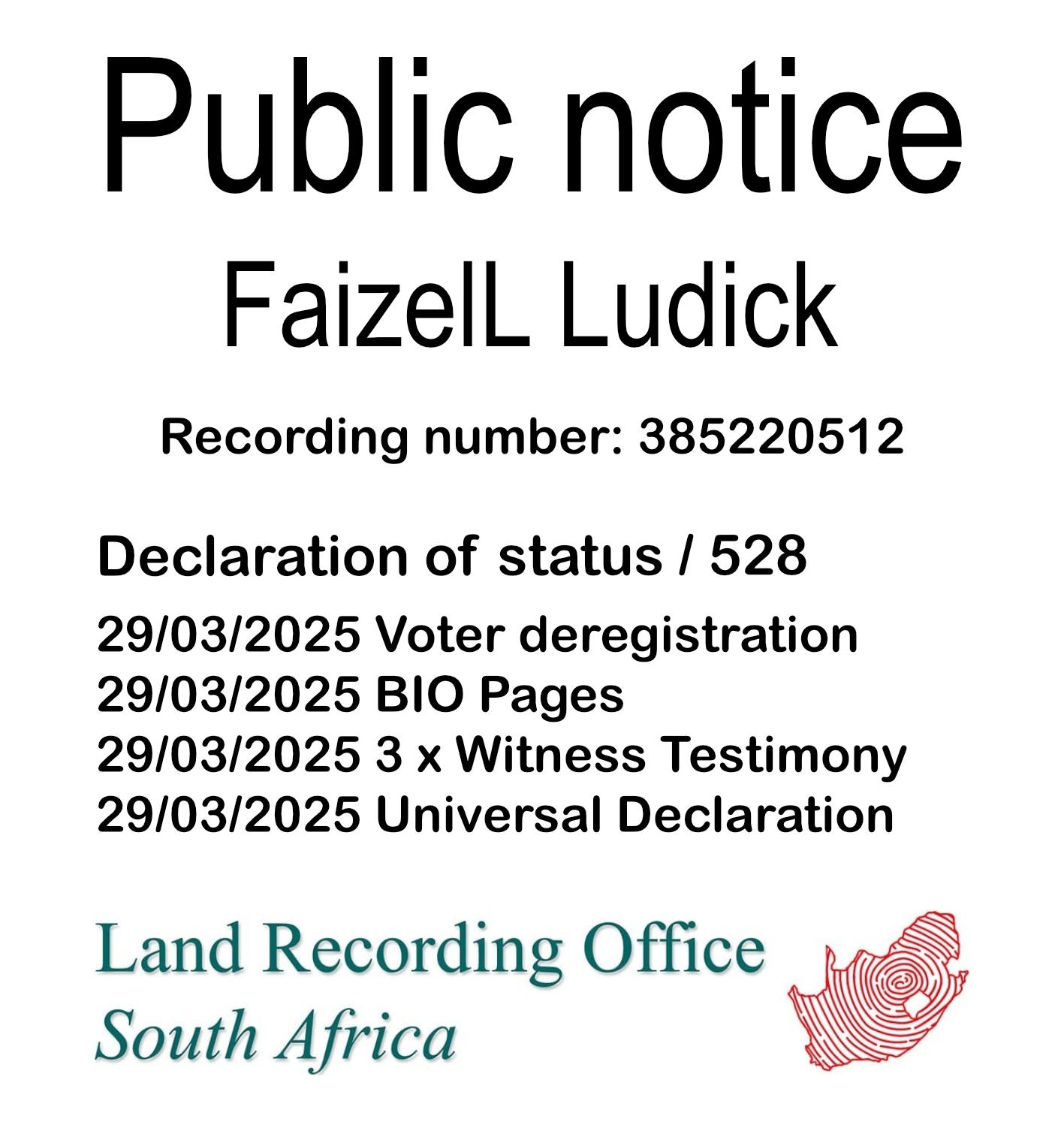 Public Notice FaizelL Ludick (c) Recording number 385220512